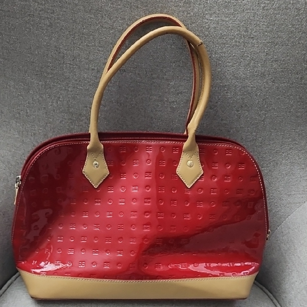 Arcadia Itally Red and Tan Satchel with Glossy Patent Leather Finish